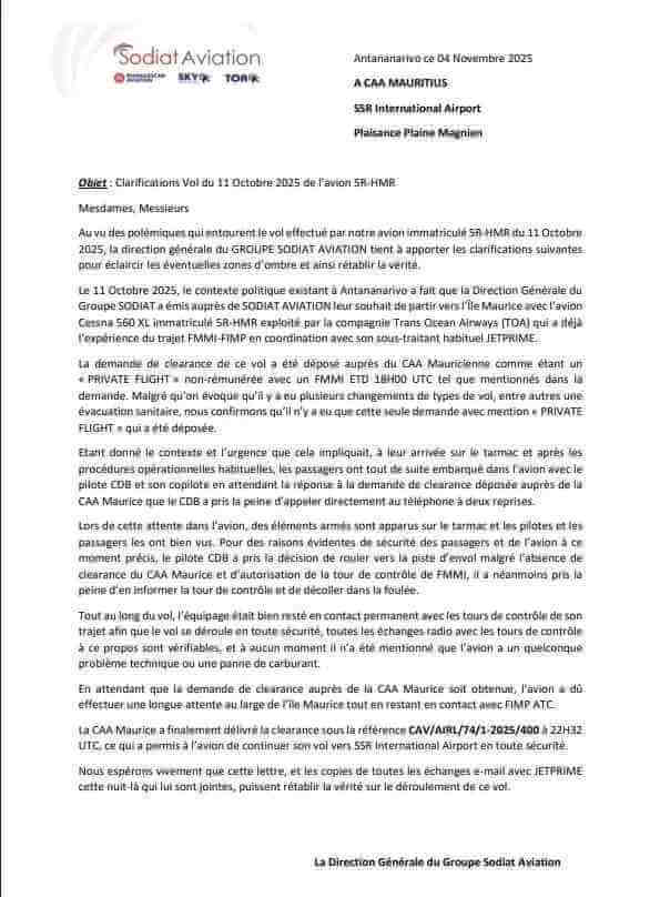 Sodiat Aviation : Clarifications sur le vol du 11 octobre 2025 de l’avion 5R-HMR