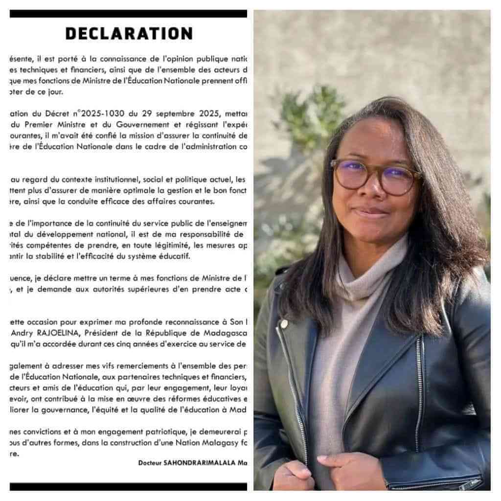 Marie Michelle Sahondrarimalala quitte le ministère de l’Éducation nationale avant la formation du nouveau gouvernement