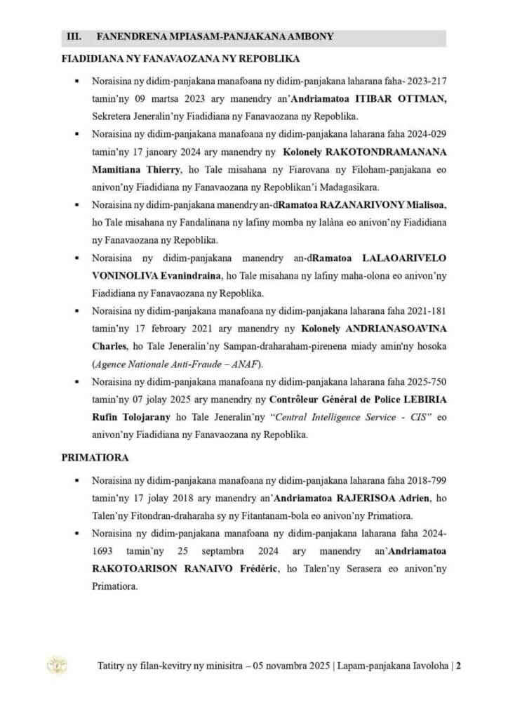 Réformes institutionnelles à Madagascar : une série de nominations stratégiques au sein de la Présidence et de l’administration publique
