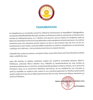 Madagascar : la Primature réaffirme la « tolérance zéro » contre la corruption et lance un vaste audit de gestion