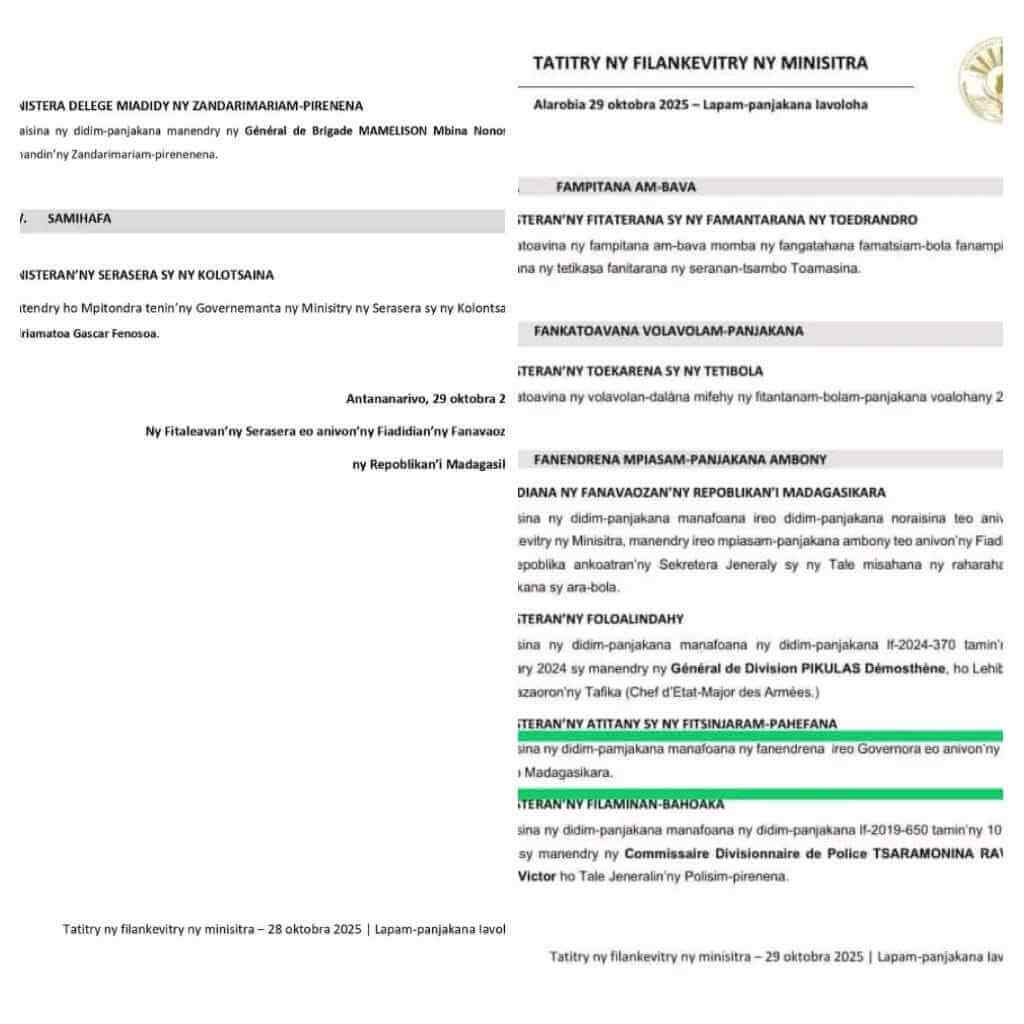 Suppression des gouverneurs dans les 23 régions de Madagascar : décision officielle du Conseil des ministres du 29 octobre 2025