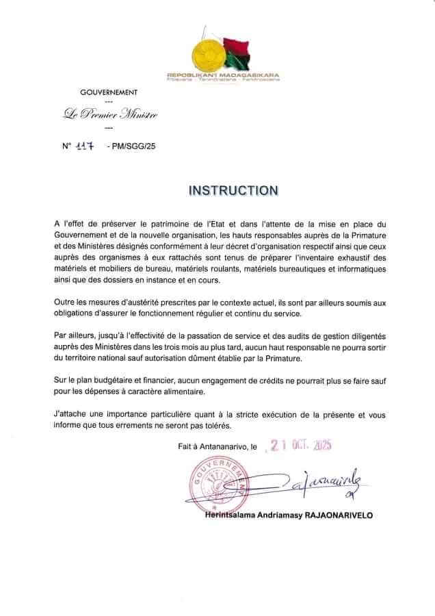 Madagascar : le Premier ministre ordonne un inventaire national du patrimoine de l’État et renforce la discipline administrative