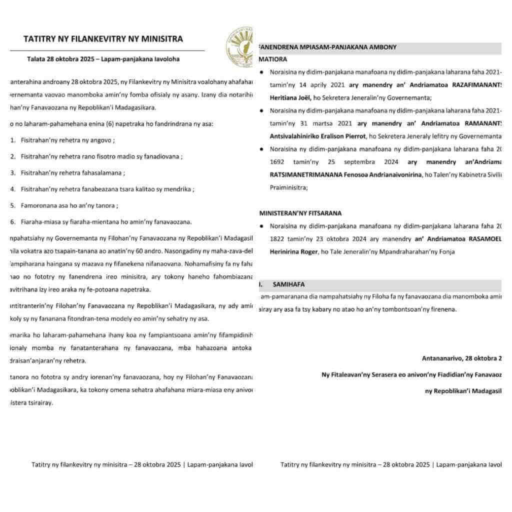 Première réunion du Conseil des ministres du Gouvernement de la Refondation à Madagascar