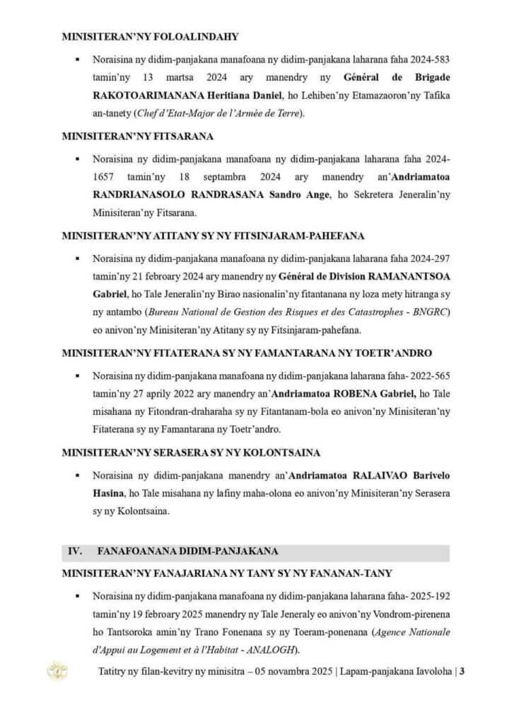 Nouvelles nominations et abrogations de décrets au sein du gouvernement malgache