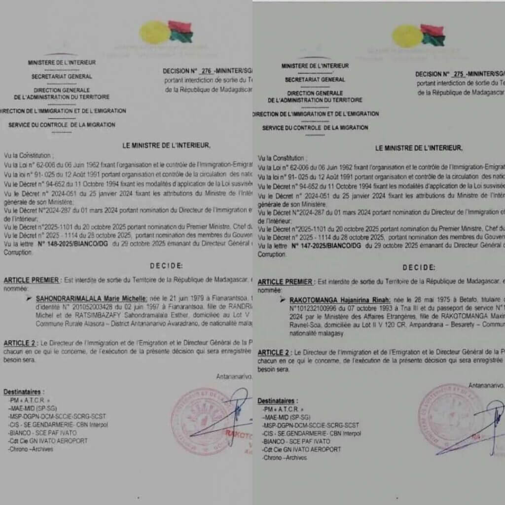 Interdiction de sortie du territoire pour deux anciennes responsables politiques malgaches : le ministère de l’Intérieur justifie une mesure exceptionnelle