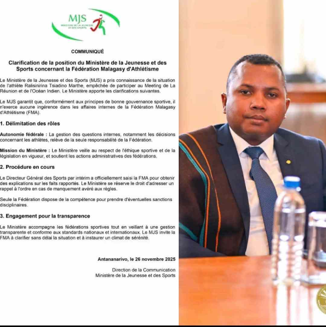 Le ministère de la Jeunesse et des Sports clarifie sa position face à la Fédération Malagasy d’Athlétisme