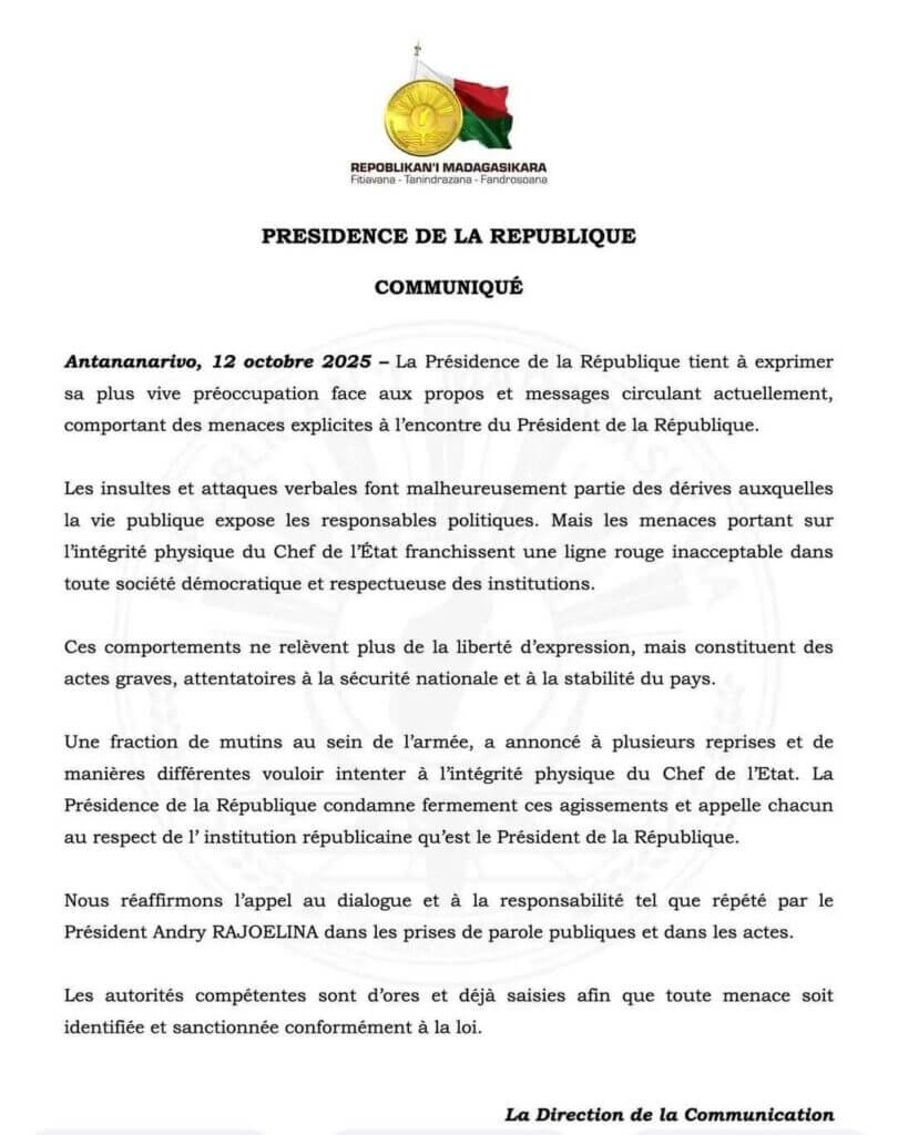 Crise à Madagascar : la Présidence condamne les menaces contre le Chef de l’État et appelle au sursaut républicain